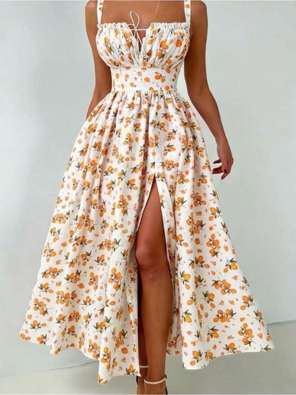 Women’s White Orange Floral Midi Dress with Front Slit